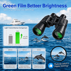 20x52 High Power Binoculars, 28mm Large Eyepiece, BAK4 Prism FMC Lens, IPX4 Waterproof with Smartphone Adapter, Black for Bird Watching Hunting Hiking
